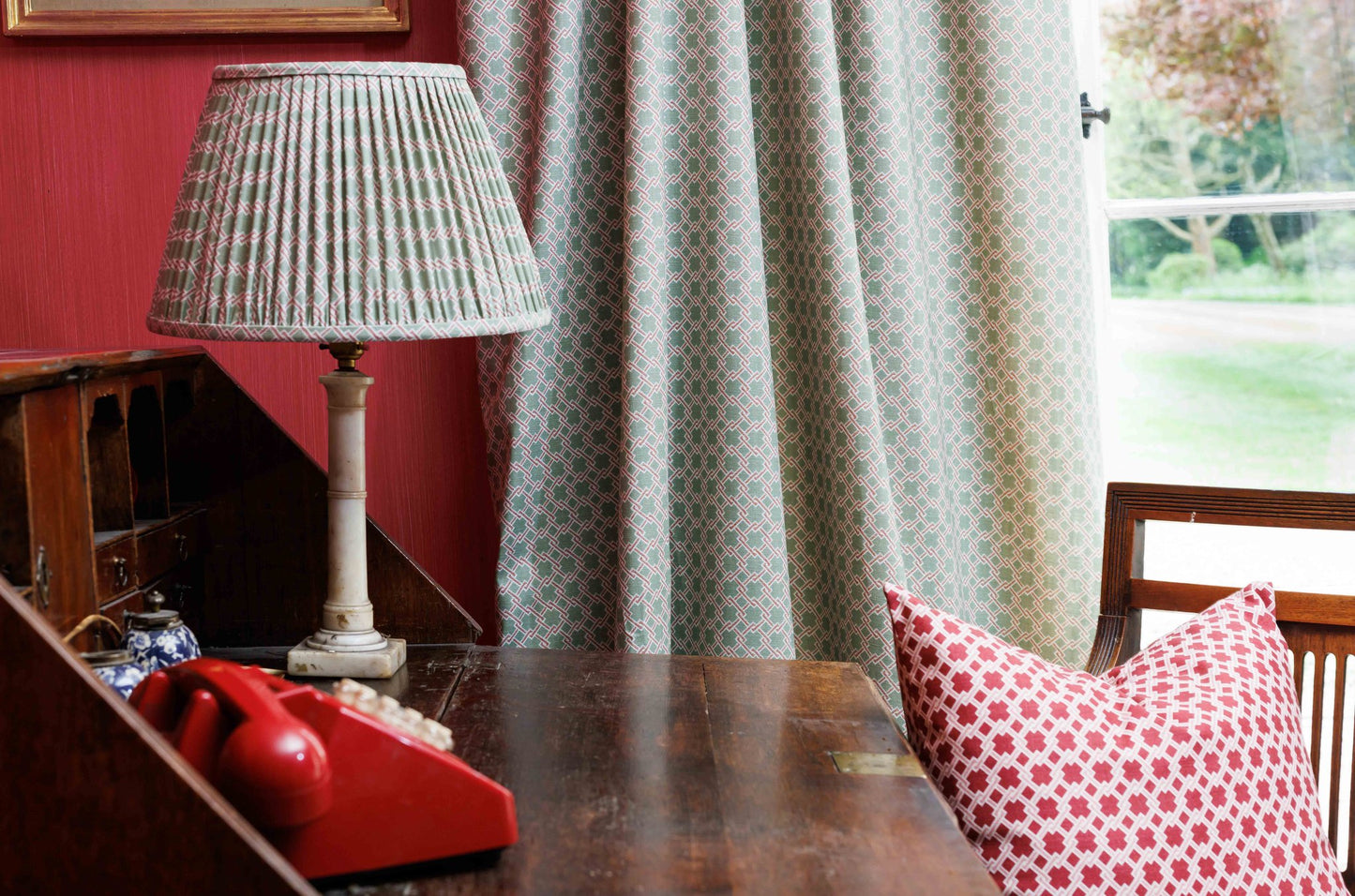 Lattice Cane Roman Blind | Made to Measure | Olive/Red