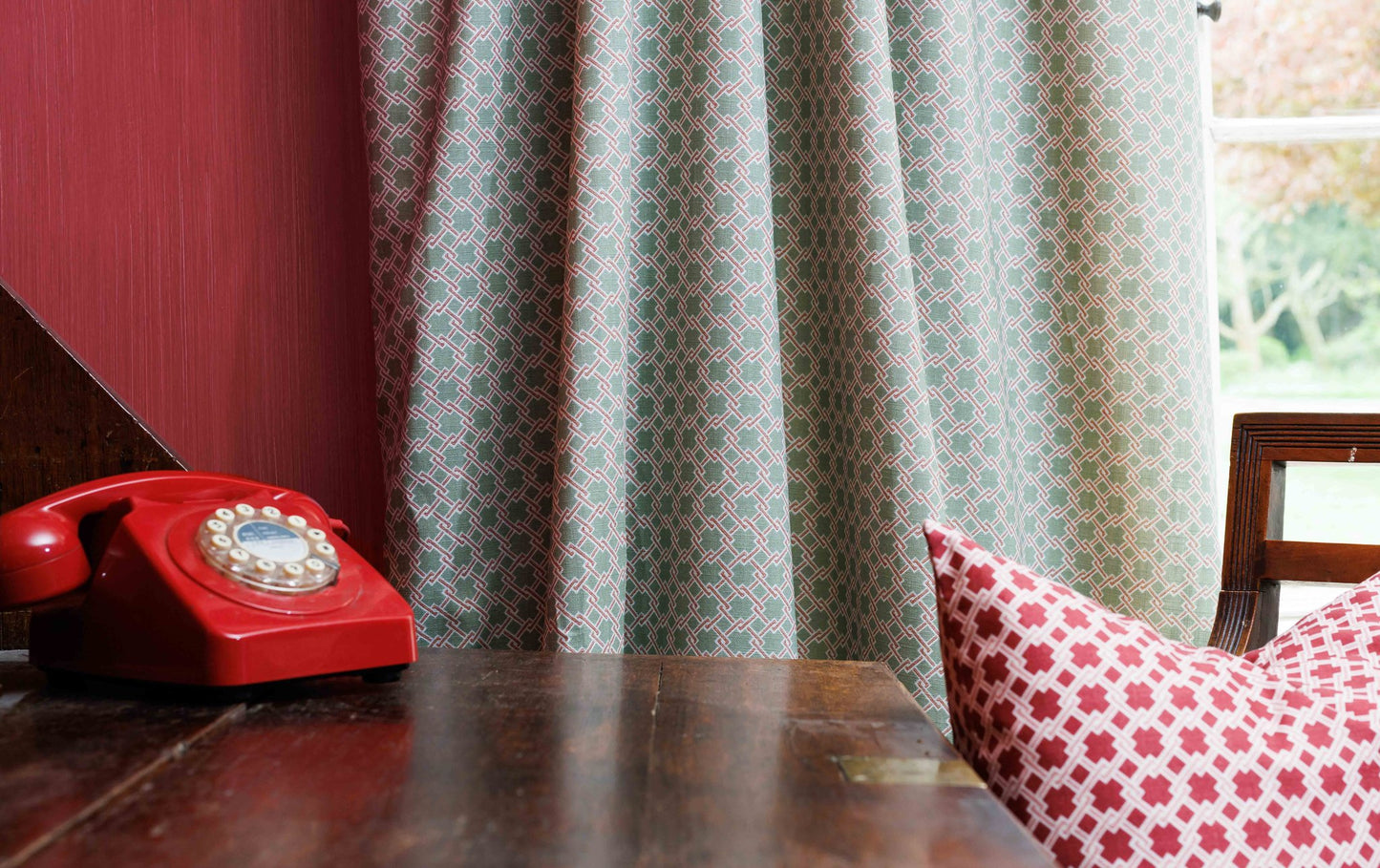 Lattice Cane Roman Blind | Made to Measure | Olive/Red