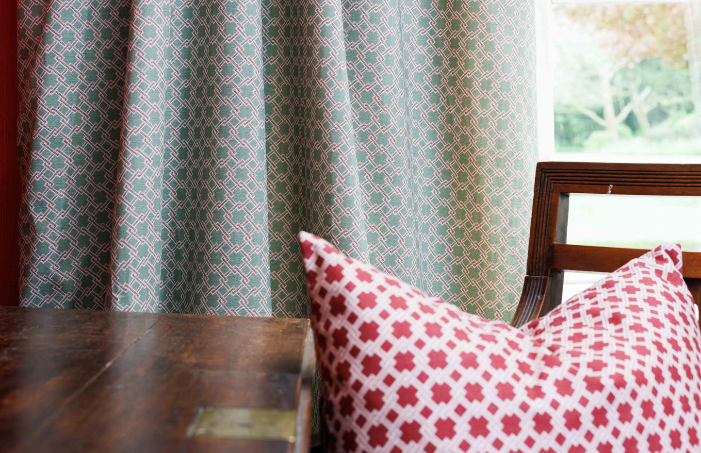 Lattice Cane Roman Blind | Made to Measure | Olive/Red