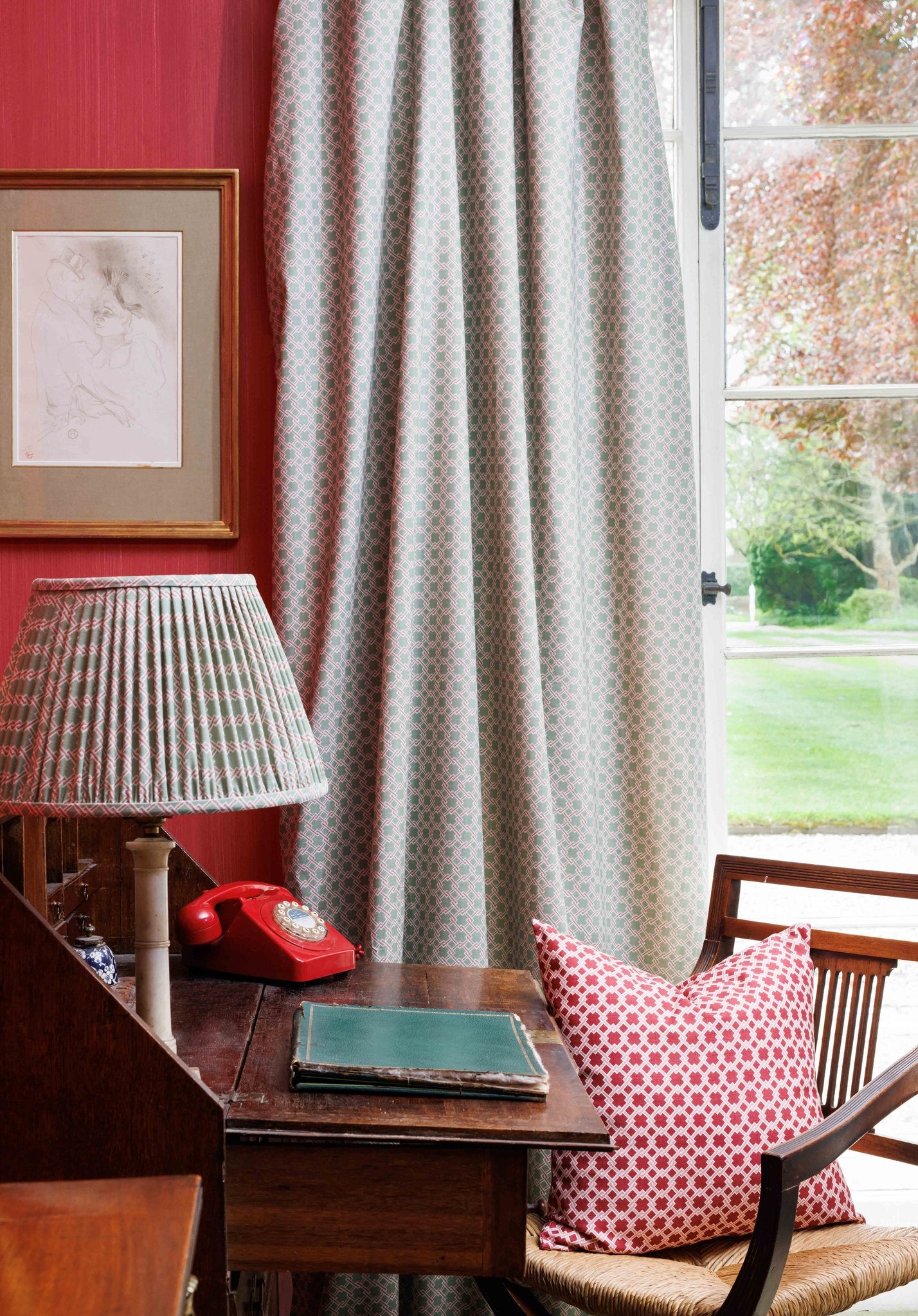 Lattice Cane Roman Blind | Made to Measure | Olive/Red