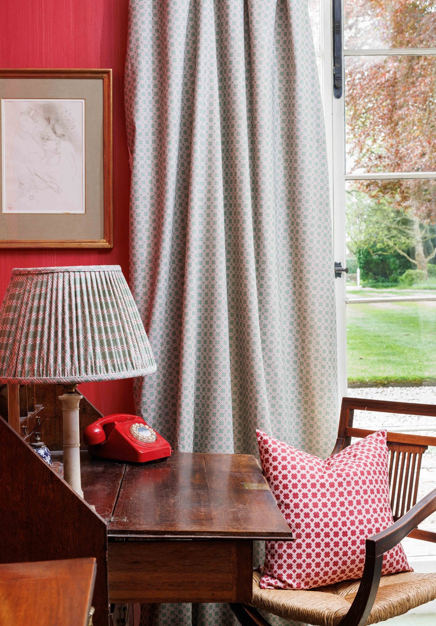 Lattice Cane Roman Blind | Made to Measure | Olive/Red